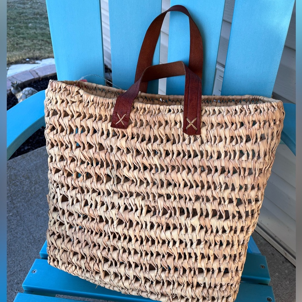 Vintage 90s straw wicker rattan leather tote bag purse beach bag boho bohemian